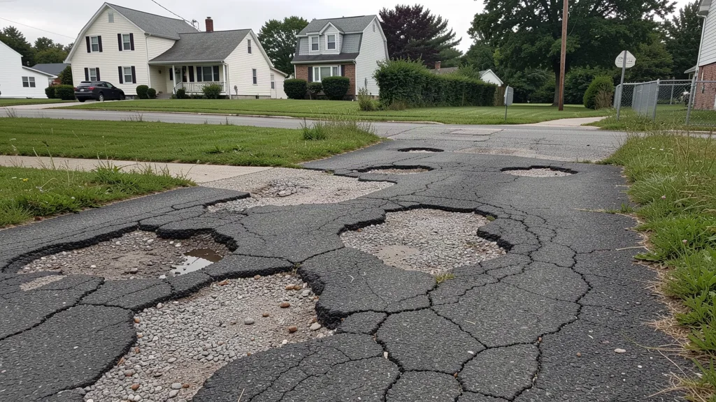 Old broken-up asphalt driveway with alligator cracking and crumbling edges