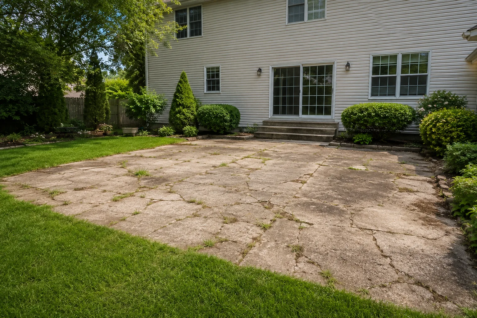 Cracked concrete patio slab with weeds growing through the cracks before removal