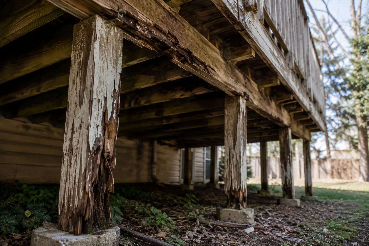 Rotted timber post and peeling paint at the base of an outdoor structure