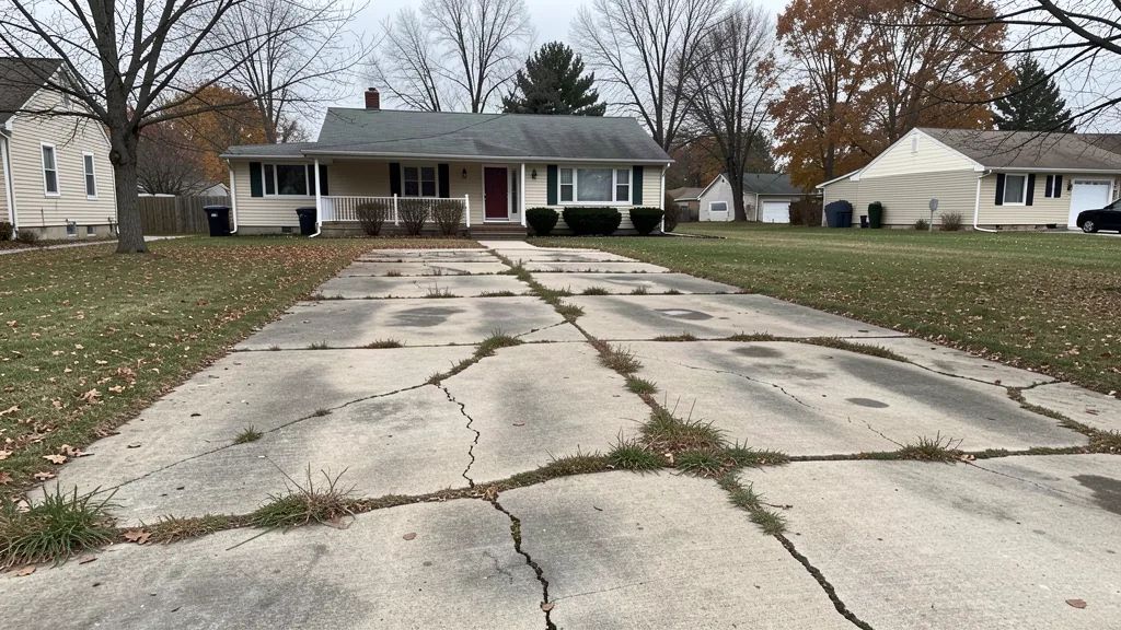 Cracked and heaved concrete driveway in front of a suburban ranch house