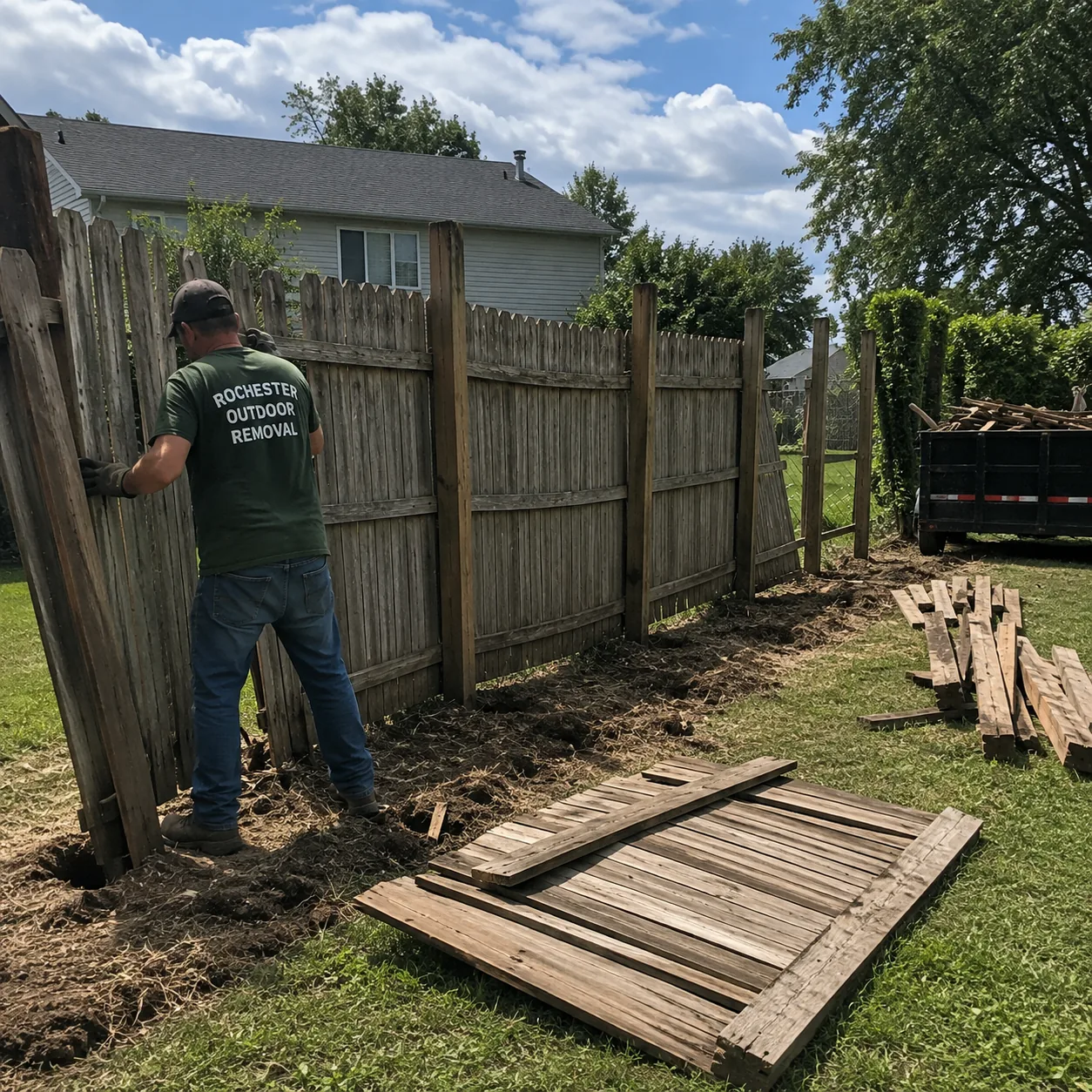 Worker in a Rochester Outdoor Removal shirt dismantling a wood fence panel in a residential backyard
