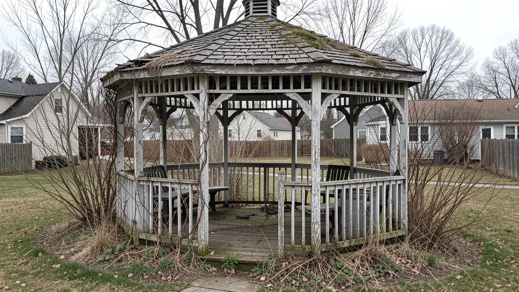 Old wooden gazebo with peeling paint and missing balusters in a suburban backyard