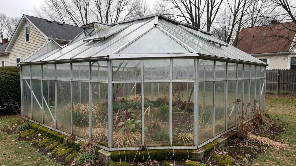 Old glass and aluminium greenhouse with missing panes and weeds inside