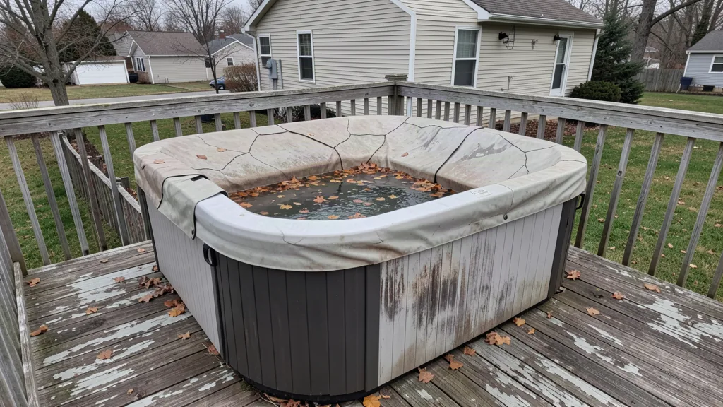 Old hot tub with a cracked faded cover sitting on a weathered wood deck