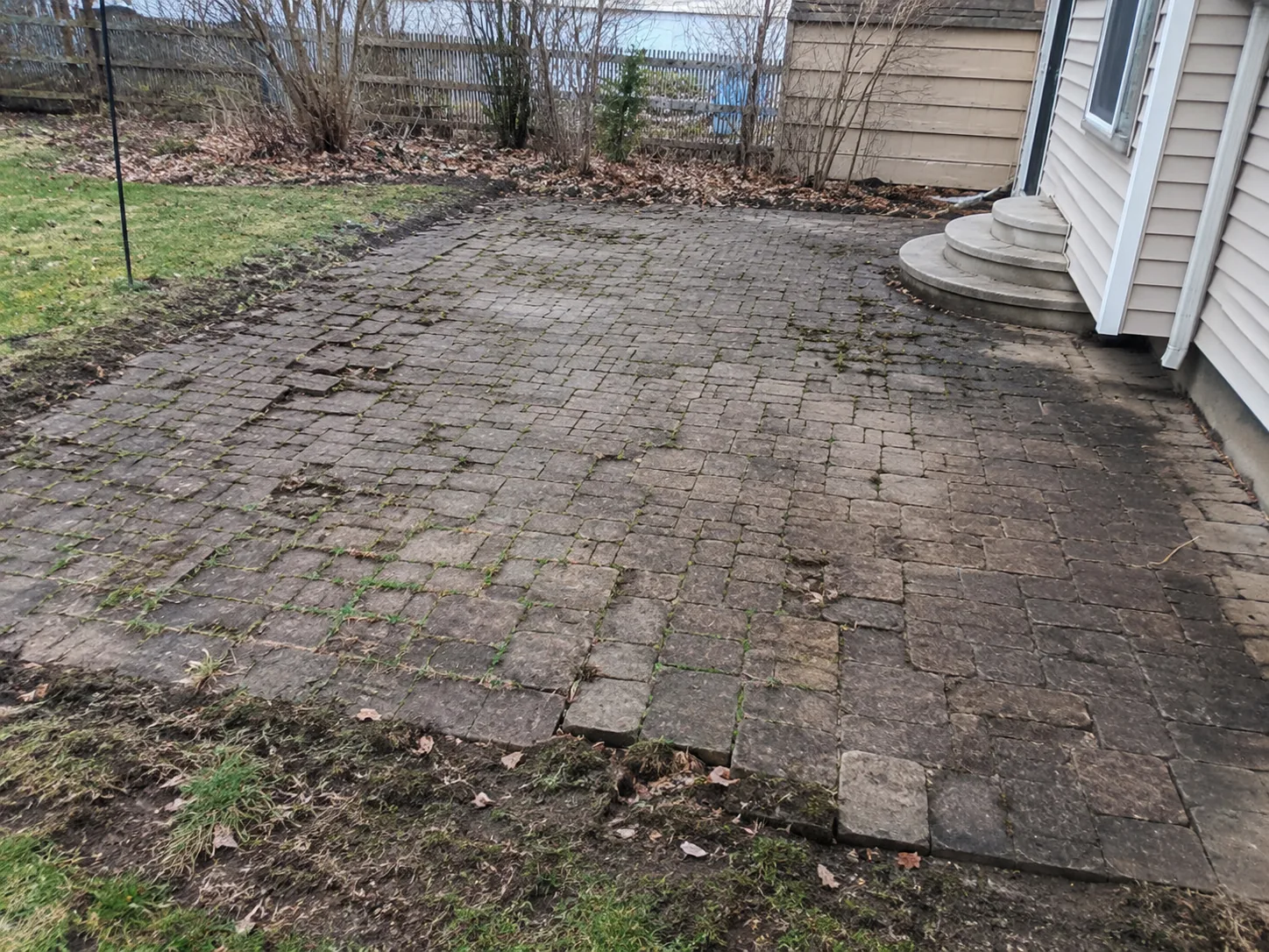 Old paver patio with weeds and moss growing through the joints before removal