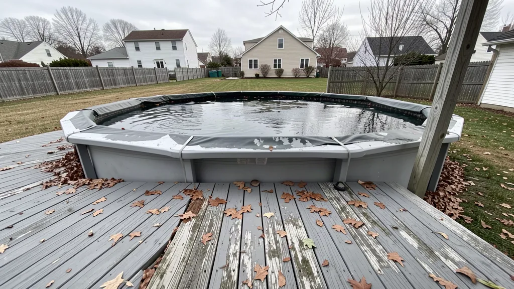 Weathered wood pool deck around a covered above-ground pool with standing water