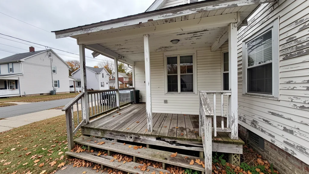 Old covered wooden porch with peeling paint and a sagging roof edge before removal