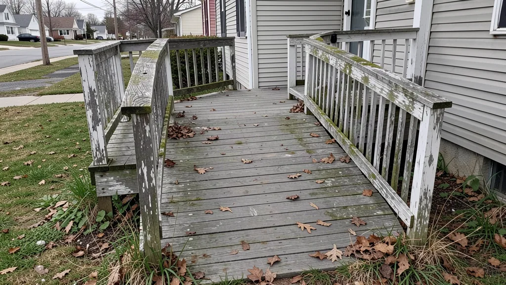 Weathered wooden wheelchair ramp with peeling paint attached to a suburban house