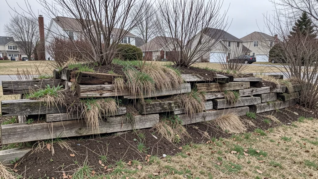 Old rotting landscape timber wall made of stacked railroad ties with weeds growing over it