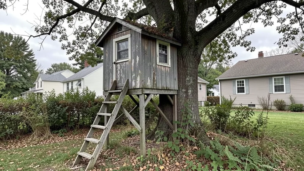 Weathered wooden treehouse built into a mature backyard tree with a sagging ladder