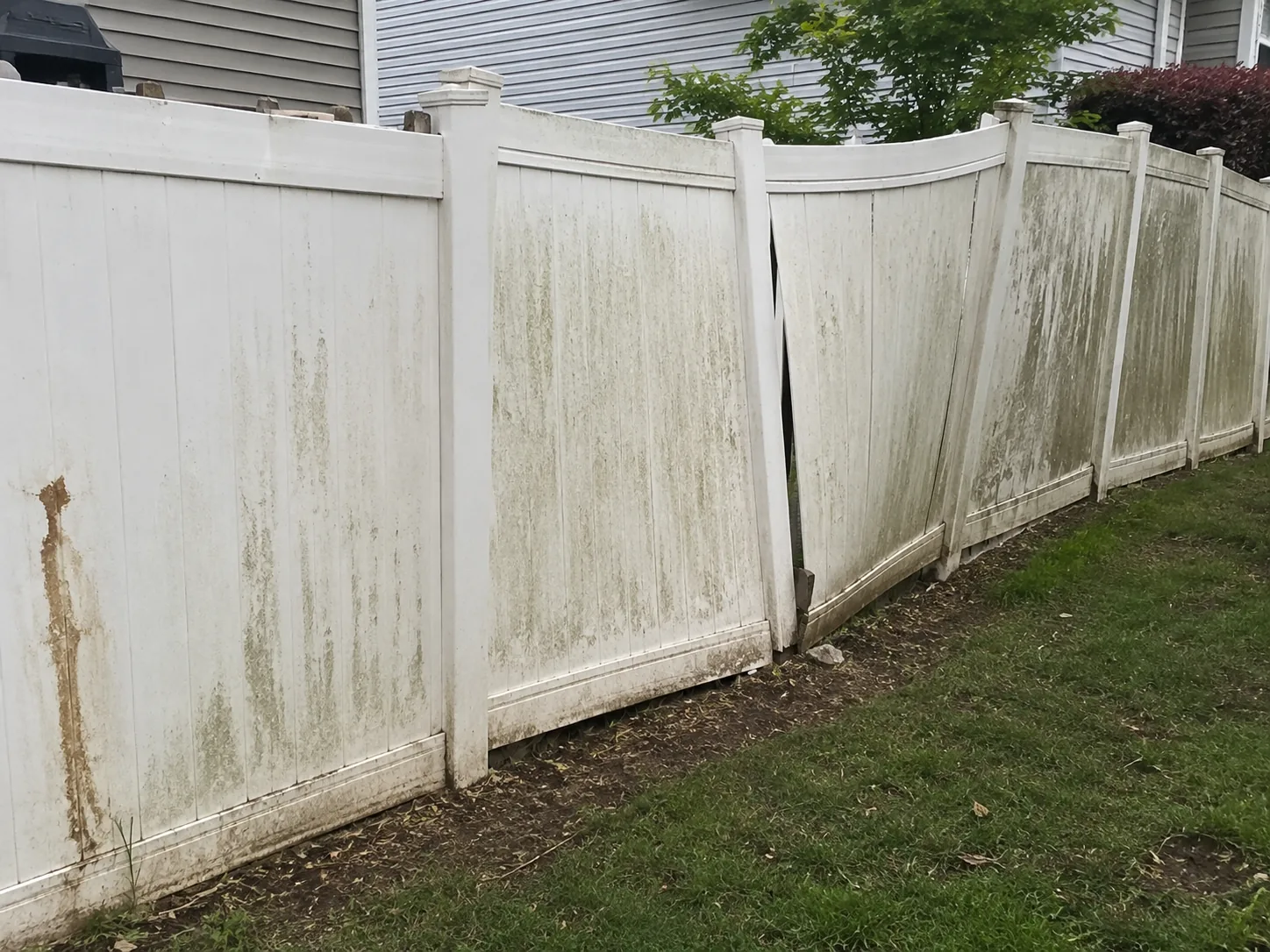 Aged vinyl fence leaning out of alignment before replacement